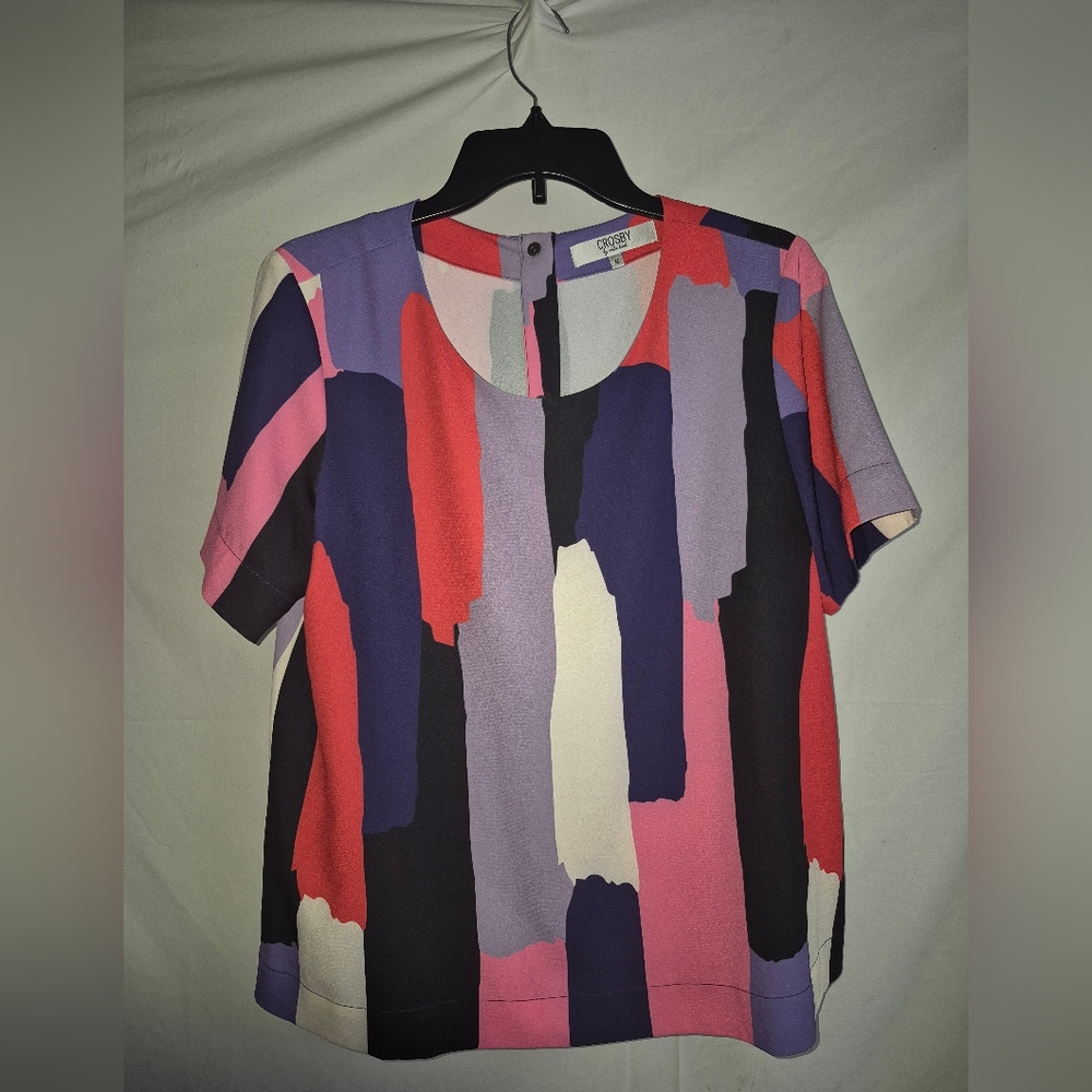 CROSBY by Mollie Burch SS Blouse Sz M Multicolor Abstract Pinks, Purples, Reds